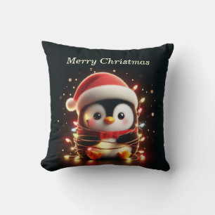 Schattigee pinguïn verpakt in kerstverlichting kussen