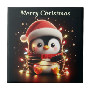 Schattigee pinguïn verpakt in kerstverlichting tegeltje