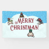 Schattigee pinguïn vrolijk kerstsneeuwbal gevecht spandoek (Horizontaal)
