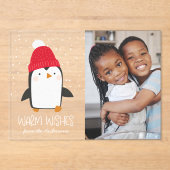 Schattigee Pinguïn Warm Wishes Fotovakantie Acryl Uitnodigingen (Voorkant)