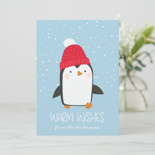 Schattigee Pinguïn Warm Wishes Non-Foto Feestdagenkaart (Staand voorkant)