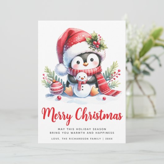 Schattigee pinguïn wit en rood vrolijk kerstfeest feestdagenkaart (Staand voorkant)