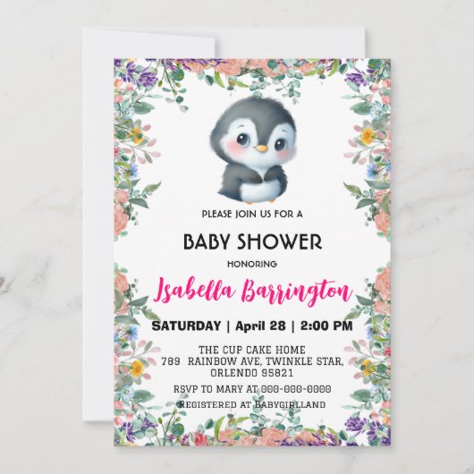 Schattigee pinguïn zoet kleurrijk bloem baby showe kaart (Voorkant)