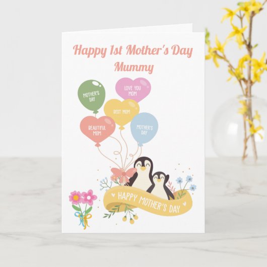 Schattigee pinguïns 1e Moederdag Kaart (Gele Bloem)