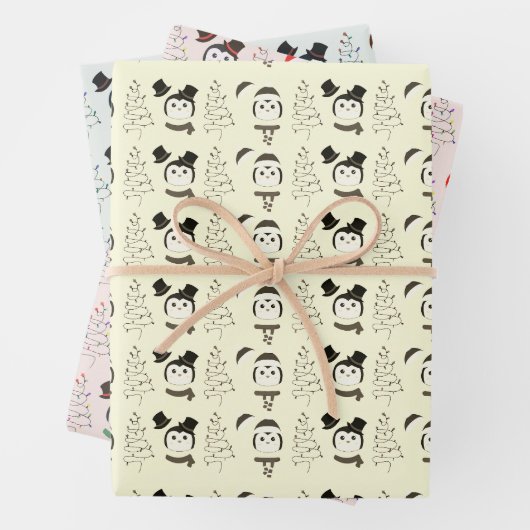 Schattigee pinguïns en moderne kerstbomen kerst inpakpapier vel (In situ)