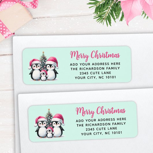 Schattigee Pinguïns Familie Vrolijke Kerstmis Roze Etiket