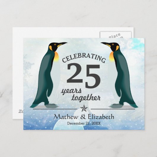 Schattigee pinguïns in de sneeuw | 25e bruiloft Ju Briefkaart (Voorkant / Achterkant)