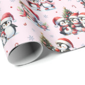 Schattigee Pinguïns in Rode Petten Leuke Roze Kers Cadeaupapier (Rol Hoek)