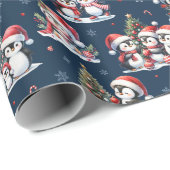 Schattigee pinguïns in rode Petten Navy Blue Chris Cadeaupapier (Rol Hoek)