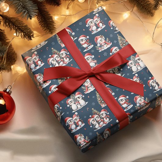 Schattigee pinguïns in rode Petten Navy Blue Chris Cadeaupapier