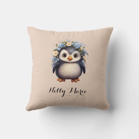 Schattigee Pinguïns met Bloemen Naam & Monogram Be Kussen (Achterkant)