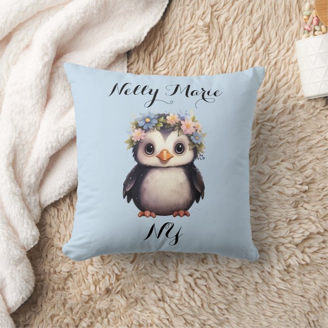 Schattigee Pinguïns met Bloemen Naam & Monogram Bl Kussen (Deken)
