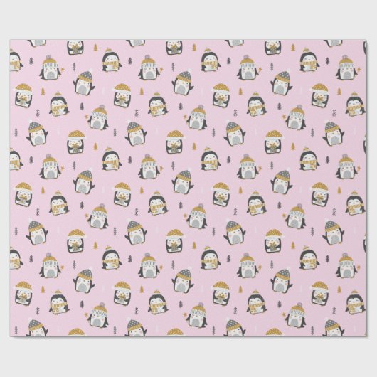 Schattigee Pinguïns met bomen, sneeuw en geschenke Cadeaupapier (Vlak)