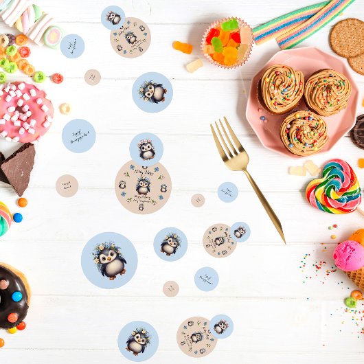 Schattigee pinguïns met naam en tweetalige tekst confetti