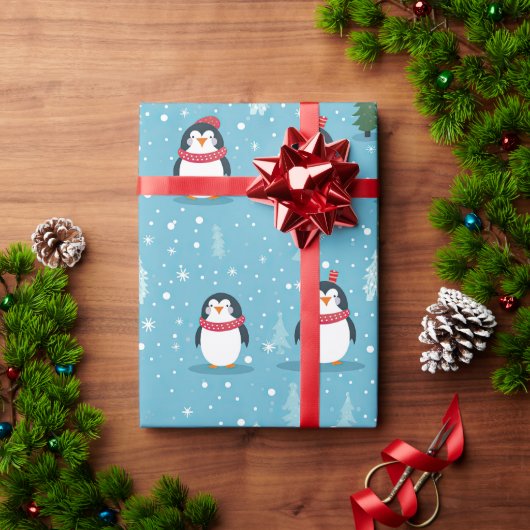 Schattigee pinguïns op lichtblauw met sneeuwvlokke cadeaupapier (Feestdagen Geschenken)