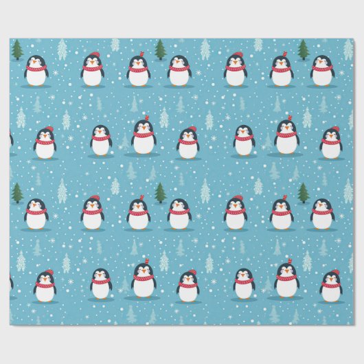Schattigee pinguïns op lichtblauw met sneeuwvlokke cadeaupapier (Vlak)