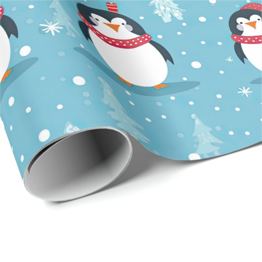 Schattigee pinguïns op lichtblauw met sneeuwvlokke cadeaupapier (Rol Hoek)