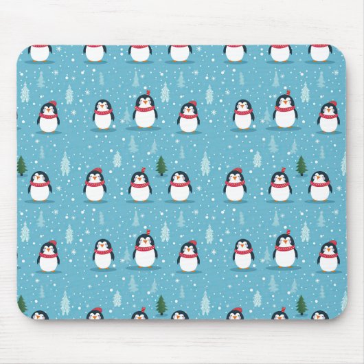 Schattigee pinguïns op lichtblauw met sneeuwvlokke muismat (Voorkant)