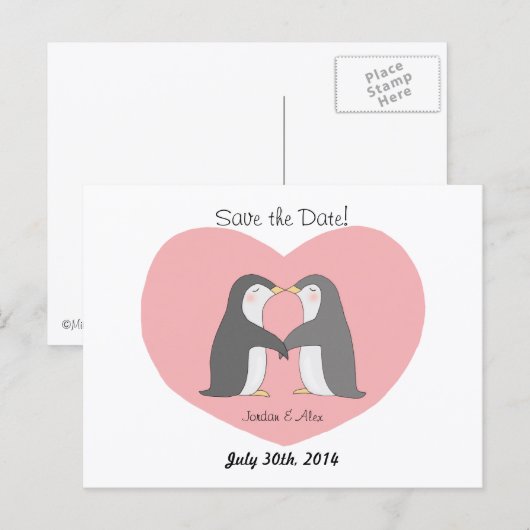 Schattigee pinguïns paar save the date Briefkaart (Voorkant / Achterkant)