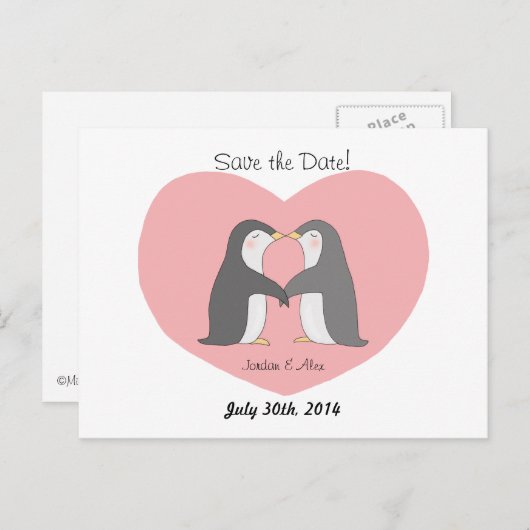 Schattigee pinguïns paar save the date Briefkaart (Voorkant / Achterkant)