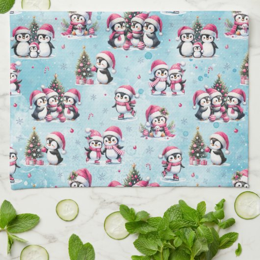 Schattigee Pinguïns Patroon Blauw en Roze Kerst Theedoek (Gevouwen)