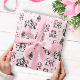 Schattigee Pinguïns Patroon Roze Kerst Cadeaupapier