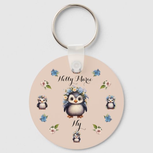 Schattigee Pinguïns Roze Naam en Initialen Sleutelhanger (Voorkant)