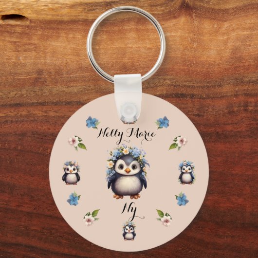 Schattigee Pinguïns Roze Naam en Initialen Sleutelhanger (Voorkant)