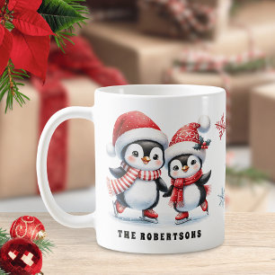 Schattigee Pinguïns Schaatsen Familie Kerst Koffiemok