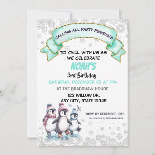 Schattigee pinguïns schaatsen verjaardagsuitnodigi kaart (Voorkant)