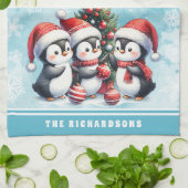 Schattigee Pinguïns Snowy Blue Gepersonaliseerde K Theedoek (Gevouwen)