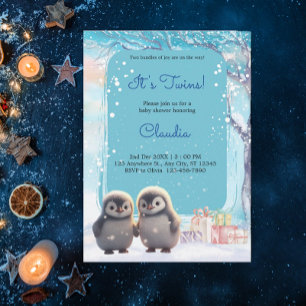 Schattigee Pinguïns Twins Winterblauw Baby shower Kaart