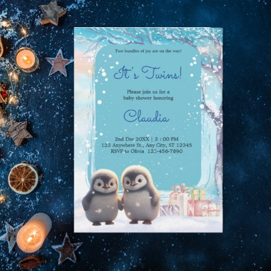 Schattigee Pinguïns Twins Winterblauw Baby shower Kaart