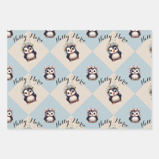 Schattigee Pinguïns voor Meisje Tweetalig Gelukkig Inpakpapier Vel (Voorkant 2)