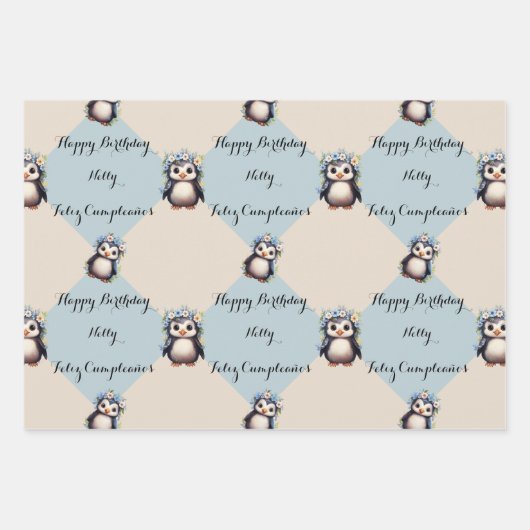 Schattigee Pinguïns voor Meisje Tweetalig Gelukkig Inpakpapier Vel (Voorkant)