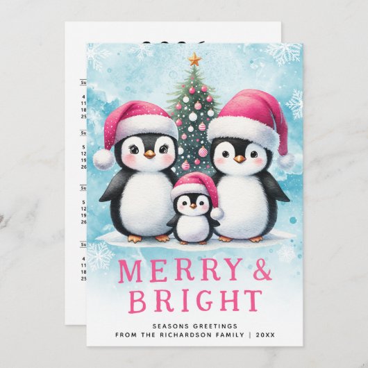 Schattigee pinguïns vrolijk en felroze kerst feestdagenkaart (Voorkant / Achterkant)