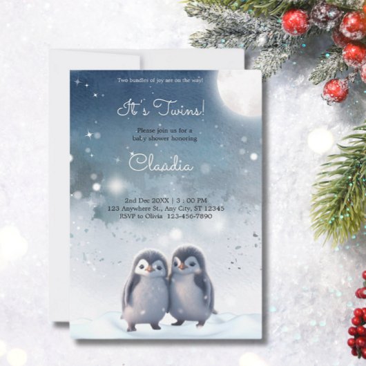 Schattigee Pinguïns Winter Blauwe Sneeuwtweeling B Kaart