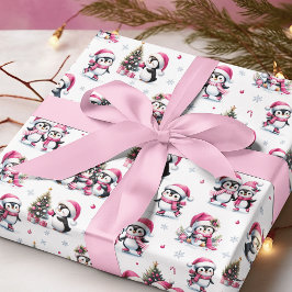 Schattigee Pinguïns Winter Feestdagen Roze Kerst Cadeaupapier