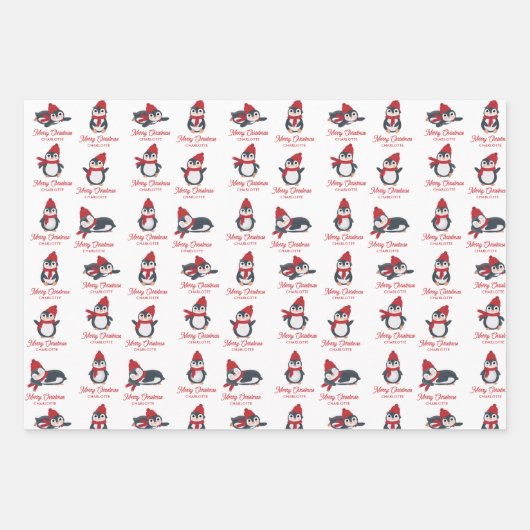 Schattigee Pinguïns Winter Vrolijk Kerstfeest Cust Inpakpapier Vel (Voorkant 3)