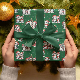 Schattigee pinguïns wintergroen en rode kerst cadeaupapier