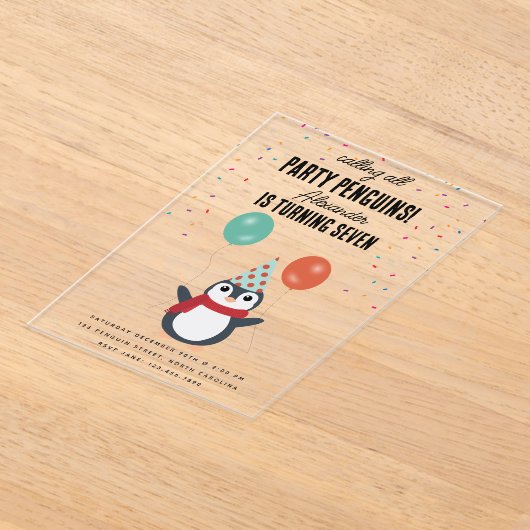 Schattigee Pinguïns Wintervogels Kids Verjaardagsf Acryl Uitnodigingen (Laagn)