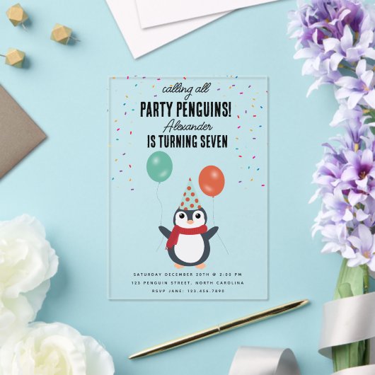 Schattigee Pinguïns Wintervogels Kids Verjaardagsf Acryl Uitnodigingen (Insitu (Huwelijk))
