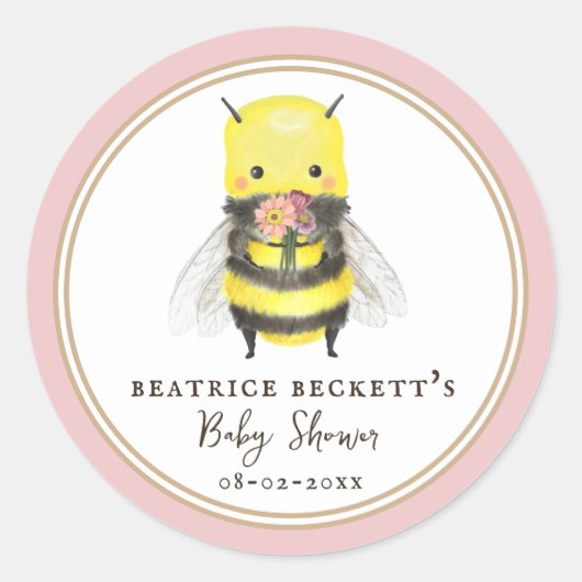 Schattigee Pink Bee en Wildflower Baby shower Stic Ronde Sticker (Voorkant)