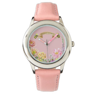 Schattigee Pink Bee en Wildflower Girl's Birthday Horloge