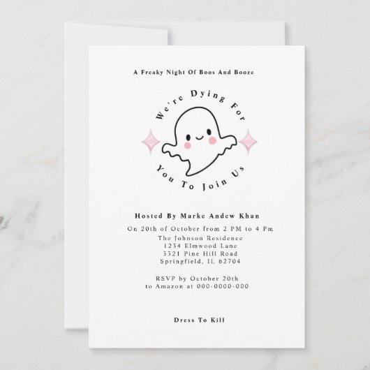 Schattigee Pink Boos en Booze Ghost Halloween Part Kaart (Voorkant)