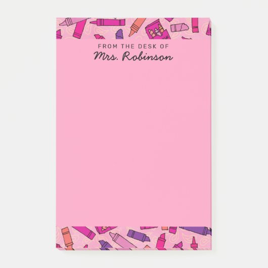 Schattigee Pink Crayons Teacher Vanaf het bureau v Post-it® Notes (Voorkant)