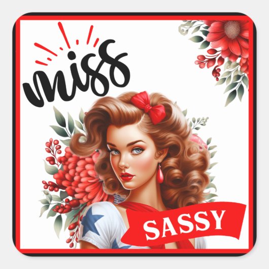 Schattigee Pinup_ Miss Sassy Vierkante Sticker (Voorkant)