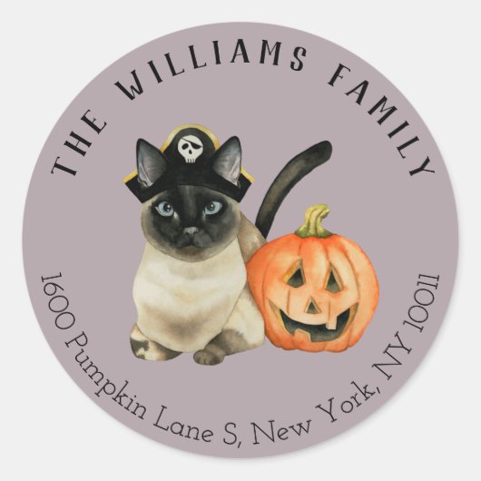 Schattigee Piraat Siamese Kat | Terugkerend adresl Ronde Sticker (Voorkant)