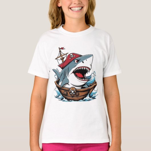 Schattigee piraathaai op een boot t-shirt (Voorkant)