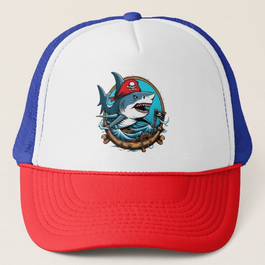Schattigee piraathaai op een boot trucker pet (Voorkant)